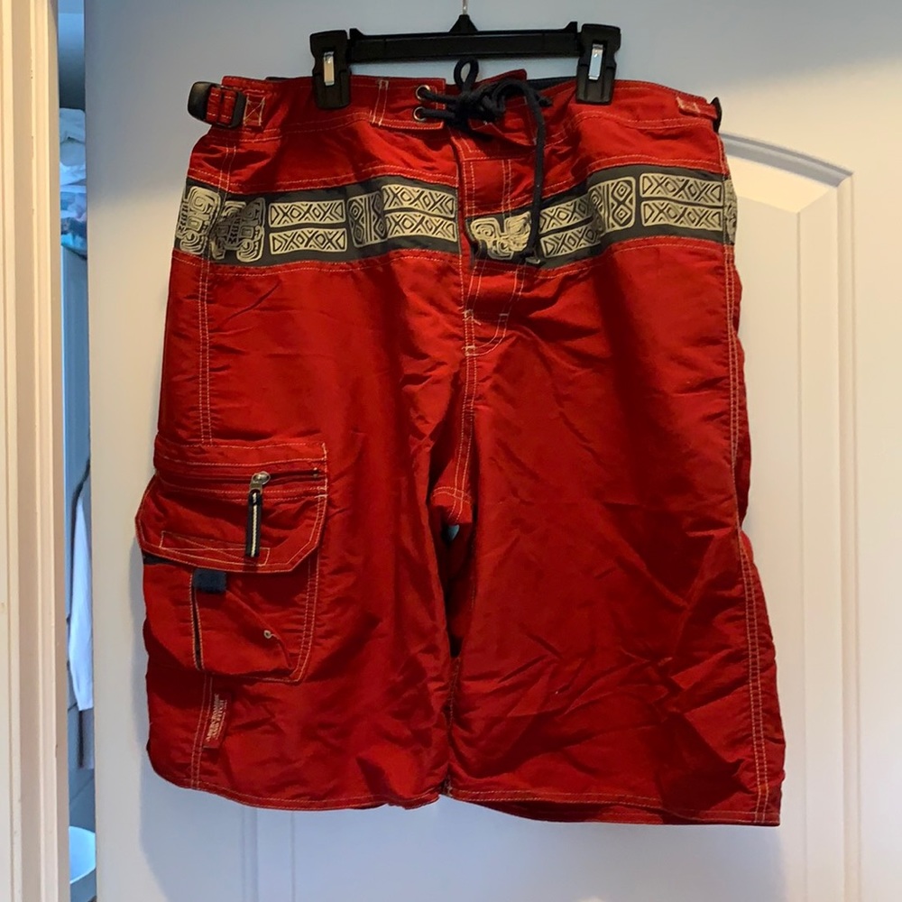 Abercrombie & Fitch Red Swim Trunks with Patterned Waistband